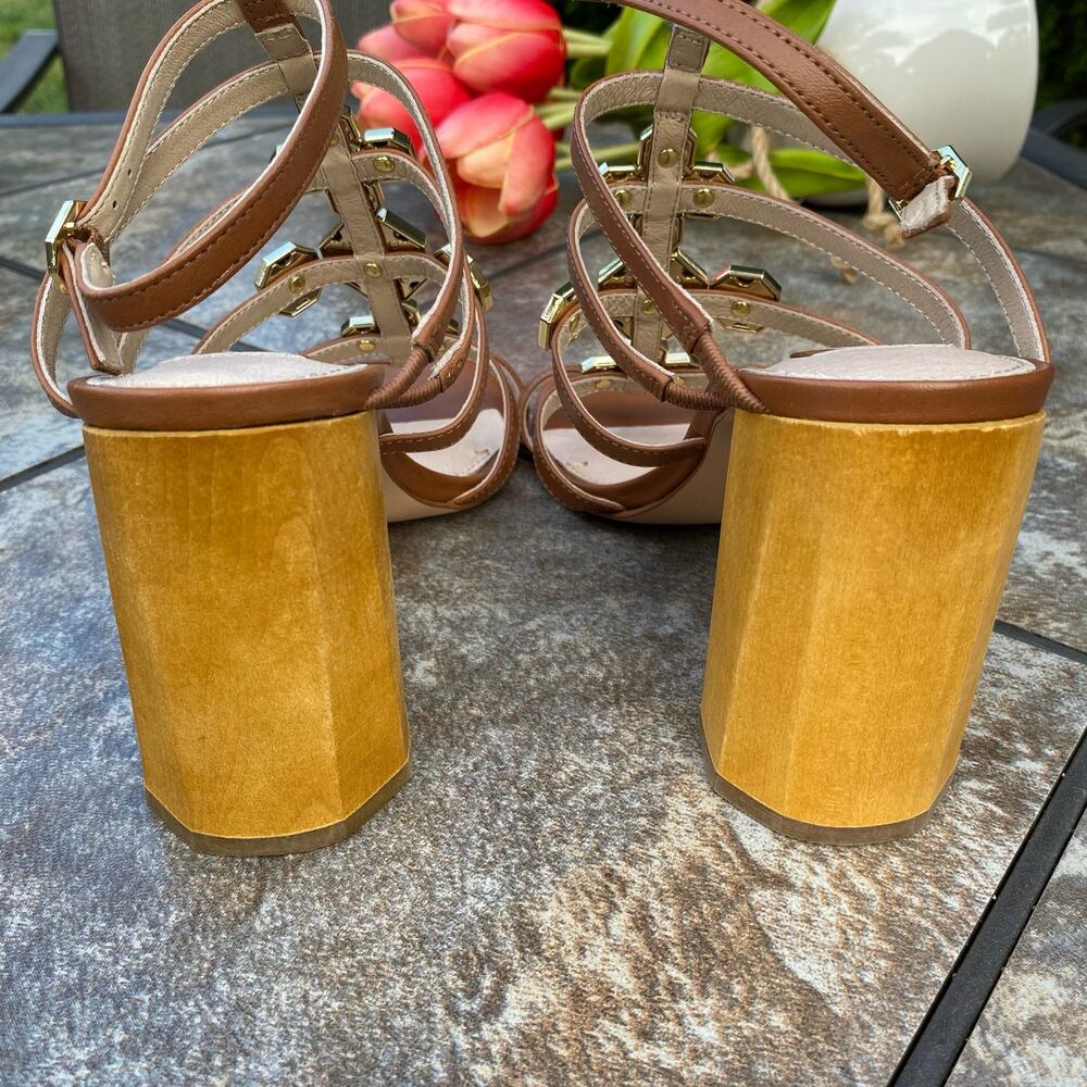 Louise et Cie Leather Jeweled T-Strap Gladiator Block Heel Sandals Cognac Brown - Picture 9 of 13